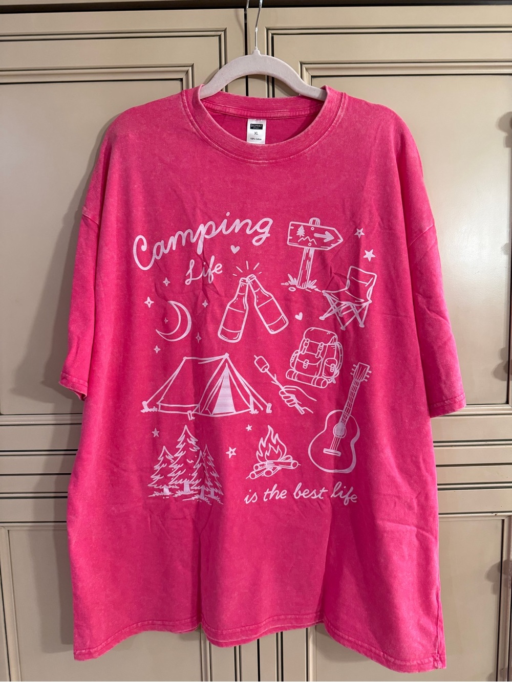 New Digiprint Hot Pink acid washed 100% Cotton Camping Life Graphic Tee Shirt XL